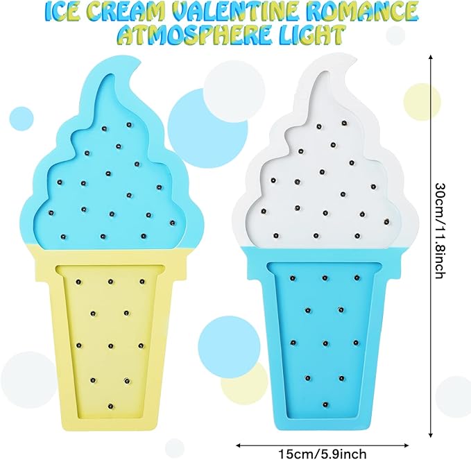 2 Pcs Ice Cream Valentine Romance Atmosphere Light Wooden Ice Cream LED Night Light Ice Cream Theme Valentine Romance Lamps Battery Operated LED Night Lights for Party (White-Blue, Blue-Yellow) - LeafyLoom