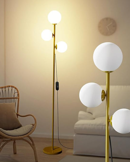 Mid Century Modern Floor Lamp for Living Room, 3 Globe Lights Tall Gold Standing Lamp with Frosted Glass Shades and Bulbs Included, Dimmable Vintage Floor Lamps for Bedroom Office Reading - LeafyLoom