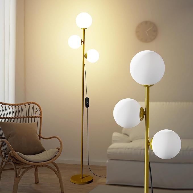 Mid Century Modern Floor Lamp for Living Room, 3 Globe Lights Tall Gold Standing Lamp with Frosted Glass Shades and Bulbs Included, Dimmable Vintage Floor Lamps for Bedroom Office Reading - LeafyLoom