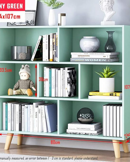 IOTXY Wooden Open Shelf Bookcase - 3-Tier Floor Standing Display Cabinet Rack with Legs, 7 Cubes Bookshelf, Tiffany-Green - LeafyLoom