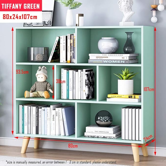 IOTXY Wooden Open Shelf Bookcase - 3-Tier Floor Standing Display Cabinet Rack with Legs, 7 Cubes Bookshelf, Tiffany-Green - LeafyLoom
