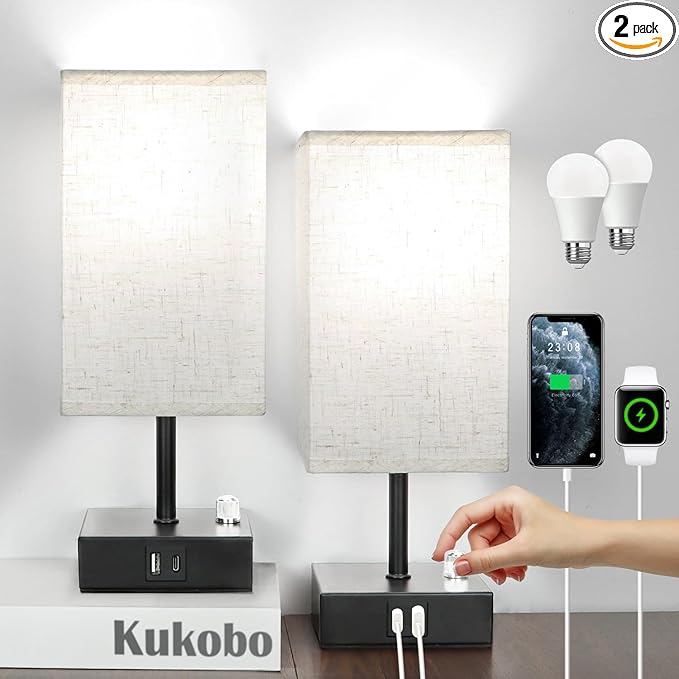 Fully Dimmable Table Lamps Set of 2,Small Table Lamp for Bedroom Kids Room, Bedside Lamp with USB C + A Ports & AC Outlet, Square Beige Fabric Shade Black Metal Base(LED Blubs Included). - LeafyLoom