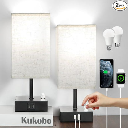Fully Dimmable Table Lamps Set of 2,Small Table Lamp for Bedroom Kids Room, Bedside Lamp with USB C + A Ports & AC Outlet, Square Beige Fabric Shade Black Metal Base(LED Blubs Included). - LeafyLoom