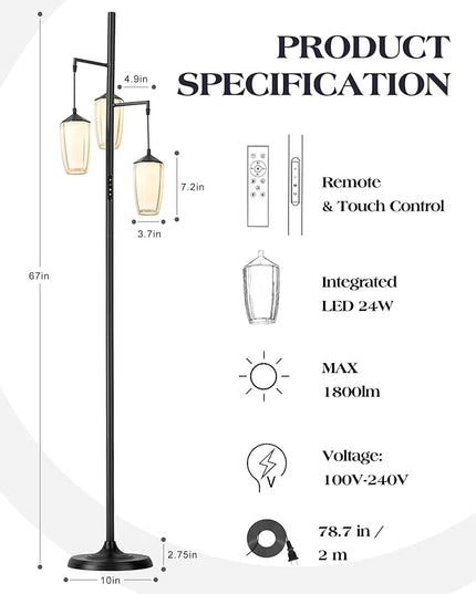 ELYONA Modern Dimmable Floor Lamp, 3-Light Standing Lamp with Remote & Touch Control, Stepless Adjustable 2200K-6500K Colors & Brightness 24W LED Reading Light for Bedroom Living Room Office, Black - LeafyLoom