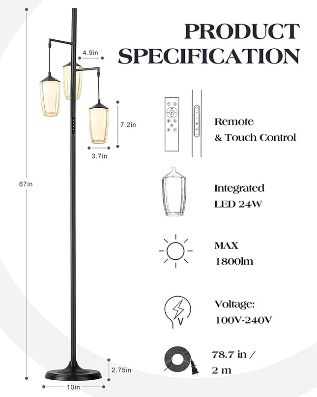 ELYONA Modern Dimmable Floor Lamp, 3-Light Standing Lamp with Remote & Touch Control, Stepless Adjustable 2200K-6500K Colors & Brightness 24W LED Reading Light for Bedroom Living Room Office, Black - LeafyLoom