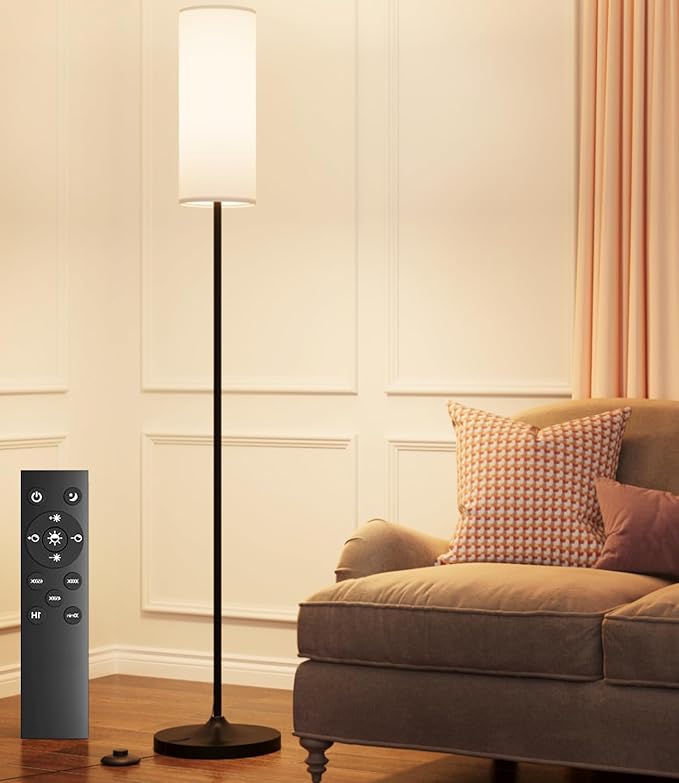 LED Floor Lamp for Living Room, Dimmable Standing Lamps with Foot Switch,Remote Custom Color Temperature Black Pole Lamp with Lampshade,12W Led Bulb Tall Lamps for Bedroom Office Kid Room - LeafyLoom