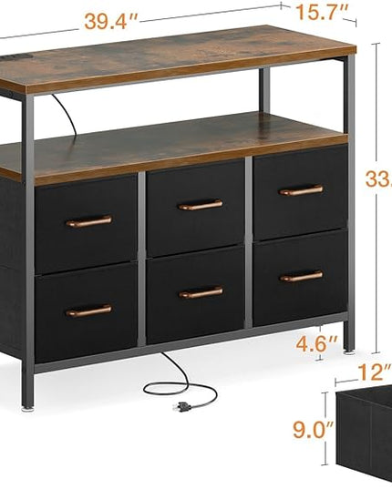 AODK TV Stand with Power Outlet, 40" Long TV Stand with 6 Large Fabric Drawers, Entertainment Center with Open Shelves for 55 Inch TV, Living Room, Black and Vintage - LeafyLoom