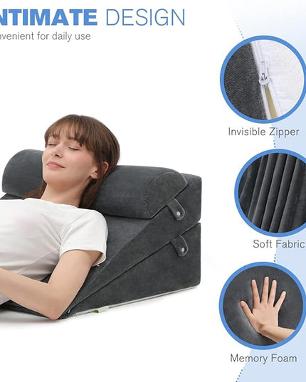 OasisSpace 4 PCS Bed Wedge Pillow Set, Orthopedic Foam Pillow for Back, Leg and Knee Pain Relief, Adjustable Triangle Pillow for Sleeping, Acid Reflux, GERD, Snore, Relax - LeafyLoom