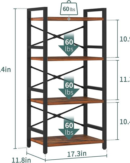 Yoobure 4 Tier Bookshelf - Small Book Shelf Industrial Bookcase, Narrow Book Case Book Storage Organizer for CD/Movie/Book, Bookshelves for Bedroom Office Living Room Berry Brown - LeafyLoom