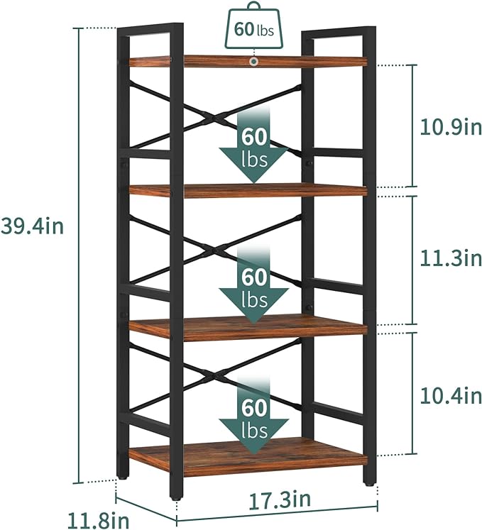 Yoobure 4 Tier Bookshelf - Small Book Shelf Industrial Bookcase, Narrow Book Case Book Storage Organizer for CD/Movie/Book, Bookshelves for Bedroom Office Living Room Berry Brown - LeafyLoom