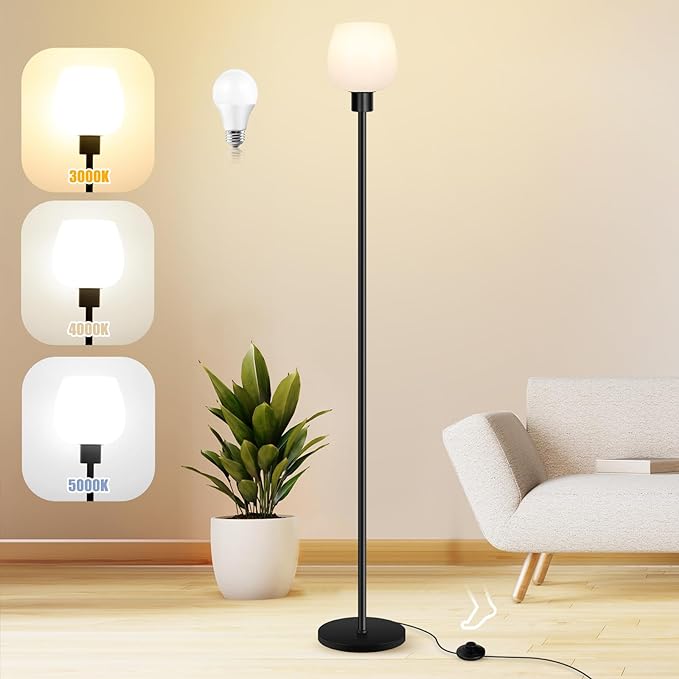 Floor Lamp for Living Room with 3 Color Temperatures, Standing Lamp with White Opal Glass Lampshade, Modern Tall Lamp with Foot Switch, Pole Lamp for Office Bedroom Dining Room, 9W LED Bulb Included - LeafyLoom