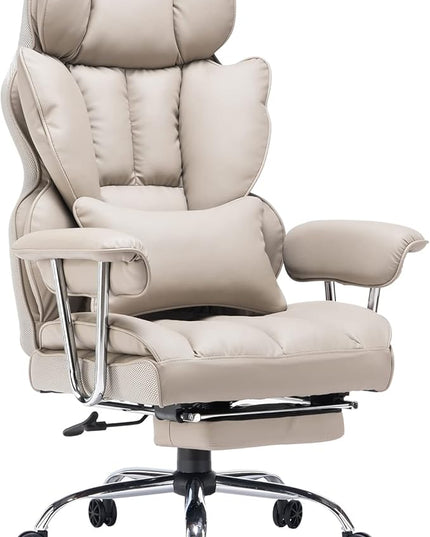 Desk Office Chair 400LBS, Big and Tall Office Chair, PU Leather Computer Chair, Executive Office Chair with Leg Rest and Lumbar Support, Grey Office Chair 1 - LeafyLoom