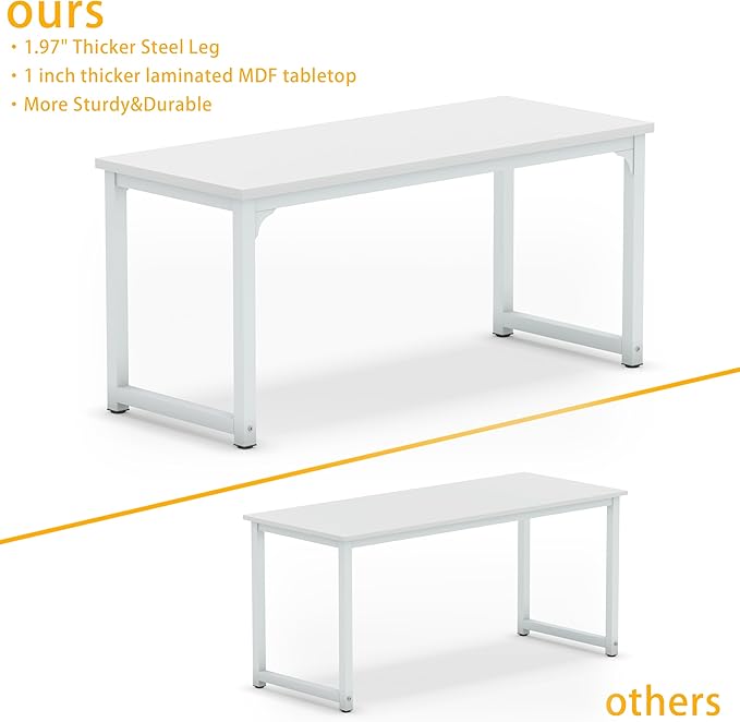 NSdirect Large Office Desk for Home Office, Large 63" Computer Desk Table, Wide Writing Study Desk for 2 Person, Metal Sturdy Frame Thicker Steel Legs, (White, 62.6" L x 22.8" W x 28.7" H) - LeafyLoom