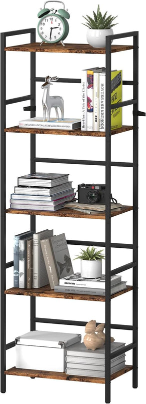 DOMYDEVM Tall Bookshelf, 5 Tier Free Standing Shelves, Wood Storage Shef Unit with Metal Frame, Brown Bookshelf for Small Spaces, Office, Living Room, Bedroom - LeafyLoom