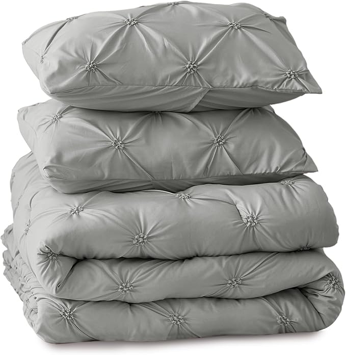 BEDELITE Grey King Size Comforter Set - 3 Pieces Boho Pintuck Bedding Comforter Sets, Lightweight Soft & Warm King Bedding Set with 2 Pillowcases for All Season - LeafyLoom