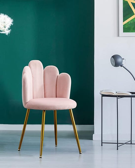 Vanity Chair for Makeup Room - Midcentury Modern Accent Velvet Chair with Back Support, Gold Legs for Living Room Bedroom, (Pink) - LeafyLoom