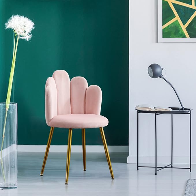 Vanity Chair for Makeup Room - Midcentury Modern Accent Velvet Chair with Back Support, Gold Legs for Living Room Bedroom, (Pink) - LeafyLoom