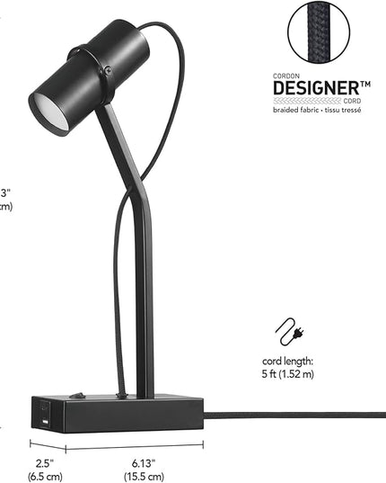Globe Electric MRDK by Globe Series.01.TL 16" LED Desk Lamp, 2.1A Combined USB Port and USB-C Port, 5 Watts, 240 Lumens, 3000 Kelvin Warm White, Adjustable Shade, Matte Black - LeafyLoom