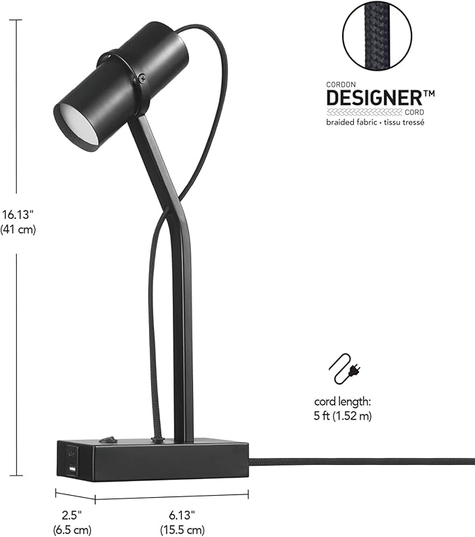 Globe Electric MRDK by Globe Series.01.TL 16" LED Desk Lamp, 2.1A Combined USB Port and USB-C Port, 5 Watts, 240 Lumens, 3000 Kelvin Warm White, Adjustable Shade, Matte Black - LeafyLoom