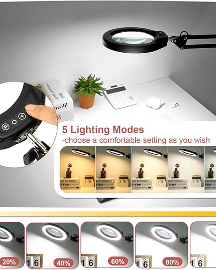 Veemagni 5 Inch Large Magnifying Glass with Light and Stand, 5 Color Modes Stepless Dimmable 10X Glass Lens, Hands Free 2-in-1 Desk Lamp & Clamp, LED Lighted Magnifier for Repair Crafts Close Work - LeafyLoom