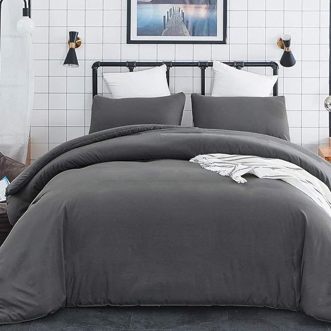 Deep Grey Comforter Set Queen Dark Gray Bedding Set Teens Adult Solid Gray Color Bedding Set 3 Pieces with 2 Pillowcases Women Lightweight Durable Full Blanket Quilts Set Gray Bed Comforter - LeafyLoom