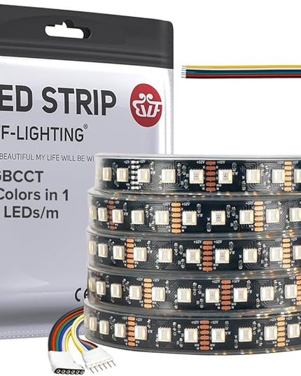 BTF-LIGHTING RGBCCT 5 Colors in 1 LED Tape Lights 5050SMD RGBWW RGB+Dimmable Color Temperature 2700K-6500K 16.4ft 96LED/m 480LED IP67 DC12V Black PCB for Home Decoration(No Adapter or Controller) BTF-LIGHTING
