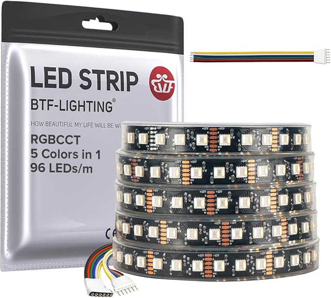BTF-LIGHTING RGBCCT 5 Colors in 1 LED Tape Lights 5050SMD RGBWW RGB+Dimmable Color Temperature 2700K-6500K 16.4ft 96LED/m 480LED IP67 DC12V Black PCB for Home Decoration(No Adapter or Controller) BTF-LIGHTING