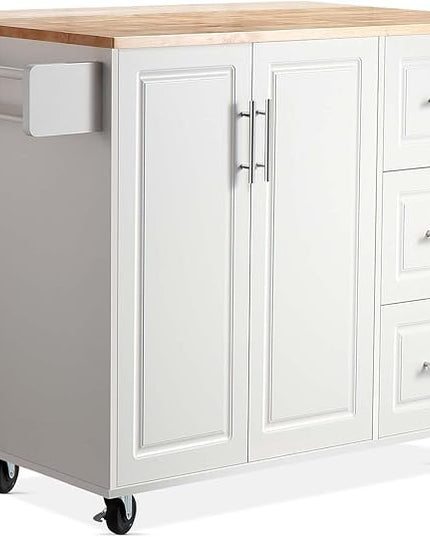 54" Rolling Kitchen Island Cart with Storage, Large Kitchen Cart Cabinet with Folding Drop Leaf Breakfast Bar, Wood Island Table for Kitchen with 3 Drawers and Spice Rack & Towel Rack, White - LeafyLoom