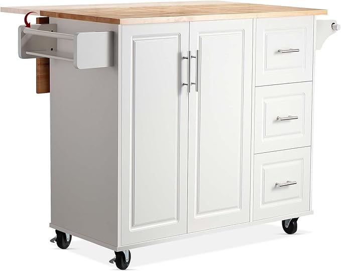 54" Rolling Kitchen Island Cart with Storage, Large Kitchen Cart Cabinet with Folding Drop Leaf Breakfast Bar, Wood Island Table for Kitchen with 3 Drawers and Spice Rack & Towel Rack, White - LeafyLoom