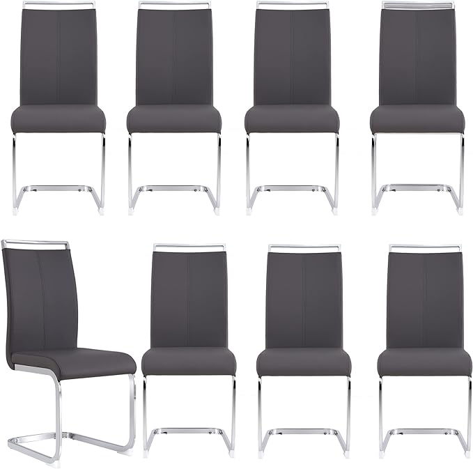 Dining Chairs Set, Kitchen Modern Metal Chairs with Faux Leather Padded Seat High Back and Sturdy Chrome Legs, Chairs for Dining Room (Grey, Set of 8) - LeafyLoom