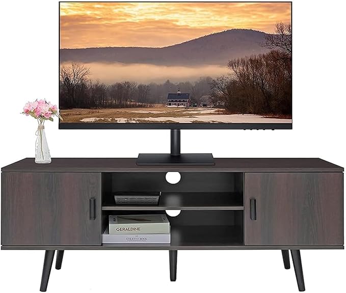 Iwell TV Stand for 55 inch TV, Mid Century Modern TV Stand with Storage, Entertainment Center with 2 Cabinet & 2 Shelves, Retro TV Console Table for Living Room, Bedroom, Black Oak - LeafyLoom