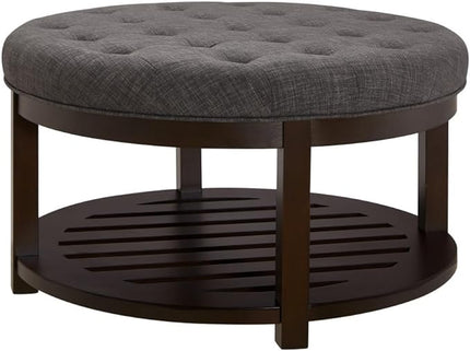 24KF Large Round Upholstered Tufted Linen Ottoman Coffee Table, Large Footrest Ottoman with Wood Shelf Storage,Dark Gray - LeafyLoom