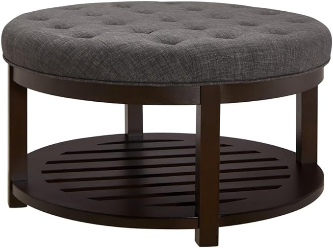 24KF Large Round Upholstered Tufted Linen Ottoman Coffee Table, Large Footrest Ottoman with Wood Shelf Storage,Dark Gray - LeafyLoom