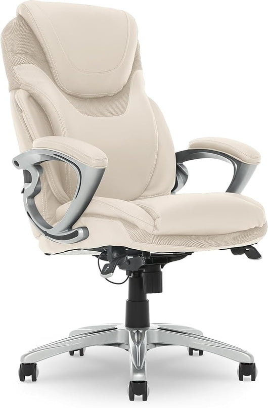 Serta Bryce Executive Office Chair, Ergonomic Computer DeskChair with Patented AIR Lumbar Technology, Comfortable Layered Body Pillows for Cushioning, SertaQuality Foam, Bonded Leather, Cream White - LeafyLoom
