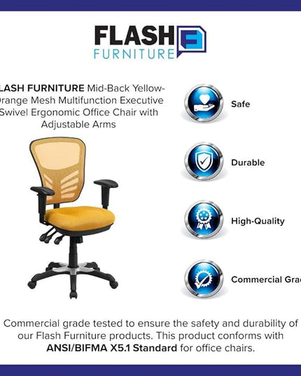 Flash Furniture Nicholas Mid-Back Yellow-Orange Mesh Multifunction Executive Swivel Ergonomic Office Chair with Adjustable Arms - LeafyLoom