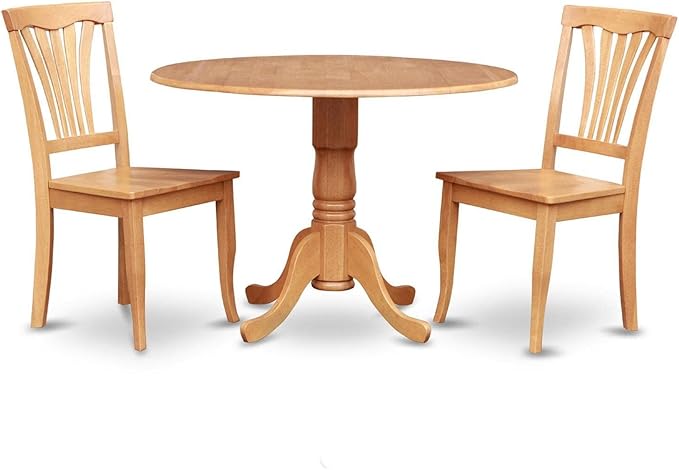 East West Furniture DLAV3-OAK-W 3 Piece Dining Room Furniture Set Contains a Round Kitchen Table with Dropleaf and 2 Dining Chairs, 42x42 Inch, Oak - LeafyLoom