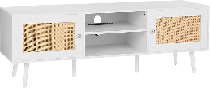 VEVOR Rattan TV Stand for 65 inch TV, Boho TV Stand with Rattan Door, Entertainment Center with Build-in Socket and USB Ports, Modern TV Console for Living Room, Media Room, White - LeafyLoom