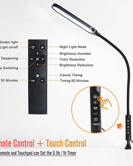 Clamp on Lamp, LED Desk Lamp, 18W, 3000 LMS, 3 Color Modes, 16 Brightness Levels, CRI>95, 0.5H/1H Timer, Eye-Caring Task Lamp with Remote for Reading, Home, Office (Adapter Included) - LeafyLoom