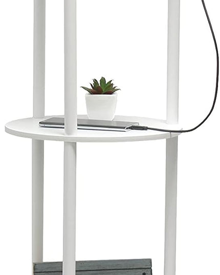 Simple Designs 62.5" LF2010-WHT Round Modern Shelf Etagere Organizer Storage Floor Lamp with 2 USB Charging Ports, 1 Charging Outlet and Linen Shade for Living Room Bedroom Office, White - LeafyLoom
