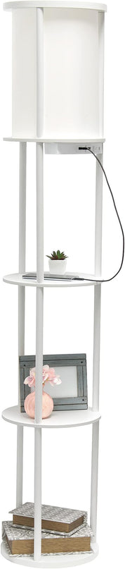 Simple Designs 62.5" LF2010-WHT Round Modern Shelf Etagere Organizer Storage Floor Lamp with 2 USB Charging Ports, 1 Charging Outlet and Linen Shade for Living Room Bedroom Office, White - LeafyLoom