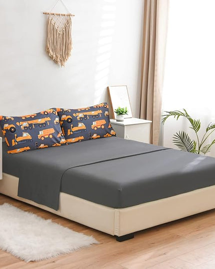 NTBED 5 Pieces Construction Truck Comforter Set for Boys Kids Vehicles Excavator Cars Lightweight Microfiber Bedding Sets (Grey, Twin) - LeafyLoom