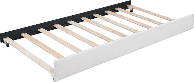 Twin Size Daybed with Trundle - Upholstered Daybed Linen Fabric Sofa Bed Frame with Twin Trundle for Bedroom Guest Room Living Room, No Box Spring Needed, Beige - LeafyLoom