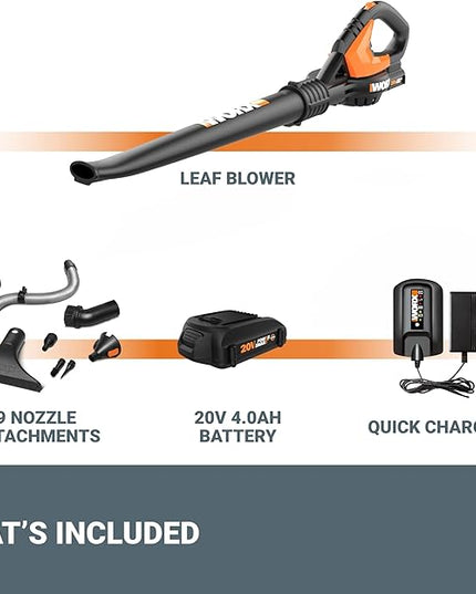 Worx 20V Cordless Leaf Blower WG545.1, Up to 120 MPH Air Speed, Long Nozzle Design for Narrow Spaces, Ideal for Indoor and Outdoor Cleaning, 9x Cleaning Attachments, Battery and Charger Included - LeafyLoom