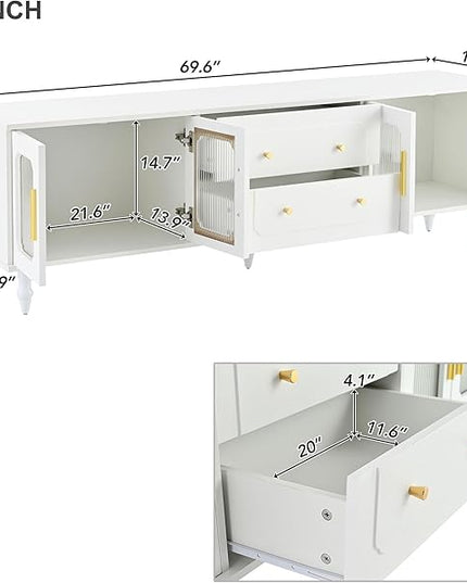 Merax Retro Design TV Stand with Fluted Glass Doors and 2 Drawers and Cabinets for Televisions Up to 78'', Practical Media Console, Elegant Entertainment Center for Living Room, White - LeafyLoom