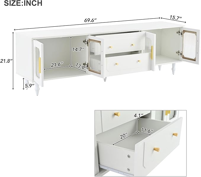 Merax Retro Design TV Stand with Fluted Glass Doors and 2 Drawers and Cabinets for Televisions Up to 78'', Practical Media Console, Elegant Entertainment Center for Living Room, White - LeafyLoom