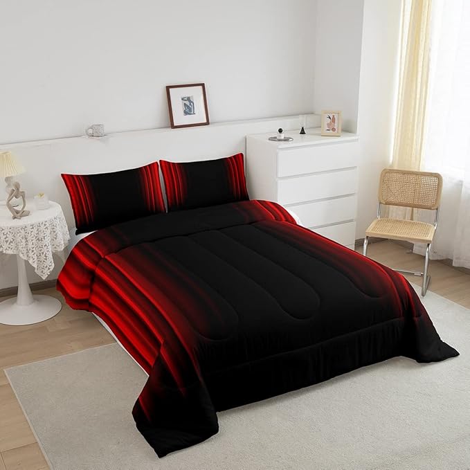 Feelyou Abstract Ombre Comforter Set Kids Teens Red and Black Bedding Set Room Decor 3Pcs Queen Size - LeafyLoom