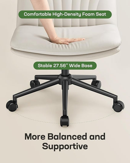 Marsail Armless-Office Desk Chair with Wheels: PU Leather Cross Legged Wide Chair,Comfortable Adjustable Swivel Computer Task Chairs for Home,Office,Make Up,Small Space,Bed Room(Light Beige) - LeafyLoom
