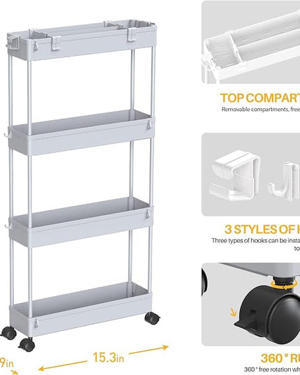 SPACELEAD Slim Storage Cart 4 Tier,Bathroom Storage Organizer Rolling Utility Cart, Mobile Shelving Unit Slide Out Storage Cart for Office, Bathroom, Kitchen, Laundry Room & Narrow Places， Grey - LeafyLoom