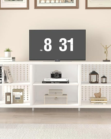 LVB White TV Stand for 75 Inch TV, Large Industrial Wood Entertainment Center with Storage Cabinet, Long Modern Metal Television Stands Console Table for Home Living Room Bedroom, White Oak, 63 Inch - LeafyLoom