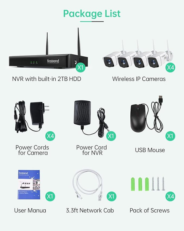 Wireless Security Camera System,Firstrend 5MP Security System Wireless with 4 CCTV Cameras Ultra HD Two Way Audio 8CH DVR 2TB Hard Drive Night Vision Motion Alarm APP for Home Indoor Outdoor firstrend